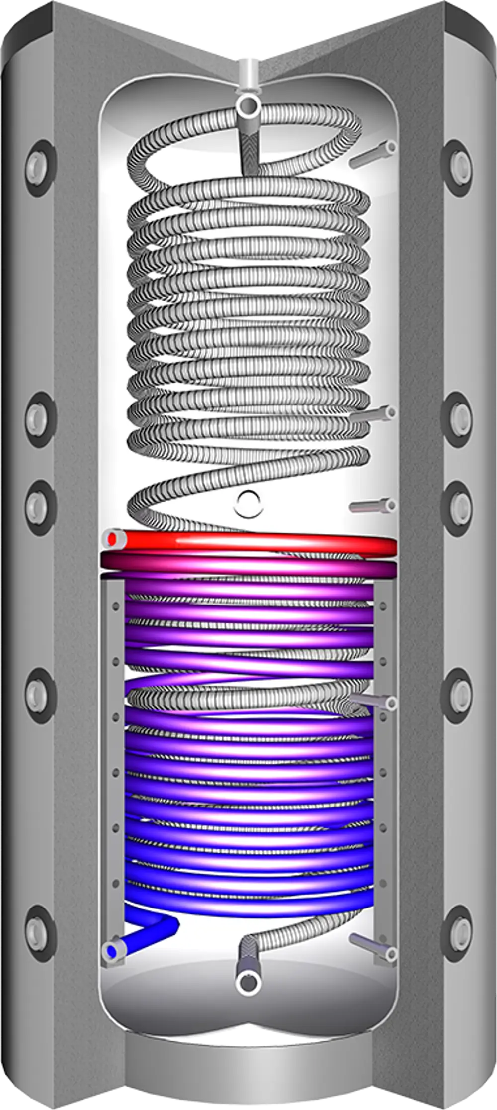 Juratherm Hygienespeicher mit einem inneren Spiralrohrsystem, das die Wärmeübertragung optimiert. Sichtbare Anschlüsse an der Außenseite für Zulauf und Rücklauf.